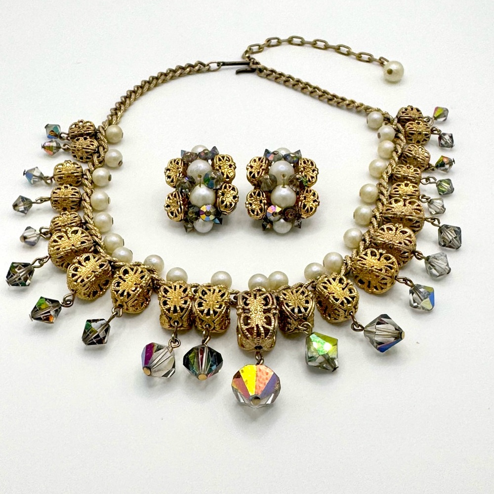 18K Gold Bespoke Pearl and Crystal Necklace Earring Set
